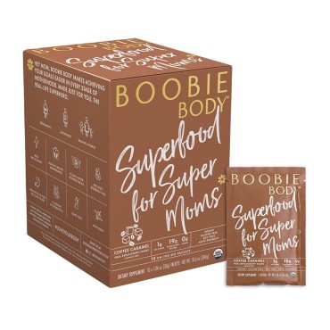 Boobie Body Superfood Protein Meal Replacement Shake, Coffee Caramel Flavor | 19g Protein | Safe For Pregnancy, Lactation, & Motherhood | Organic, Vegan, Zero Sugar, 10 Single Serve Packets (1.06 oz each)