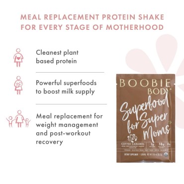 Boobie Body Superfood Protein Meal Replacement Shake, Coffee Caramel Flavor | 19g Protein | Safe For Pregnancy, Lactation, & Motherhood | Organic, Vegan, Zero Sugar, 10 Single Serve Packets (1.06 oz each)