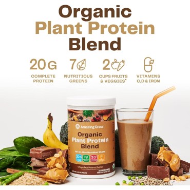 Amazing Grass Organic Plant Protein Blend: Vegan Protein Powder, New Protein Superfood Formula, All-In-One Nutrition Shake With Beet Root, Original, 18 Servings (Chocolate Peanut Butter)