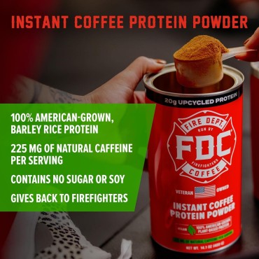 Fire Department Coffee - Gives Back to Firefighters - Instant Coffee Protein Powder - Plant Based Protein Powder - 100% American-Grown, Made with Upcycled Barley Protein - Veteran Owned - 14.1 oz Can