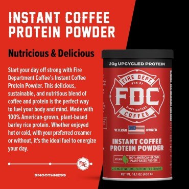 Fire Department Coffee - Gives Back to Firefighters - Instant Coffee Protein Powder - Plant Based Protein Powder - 100% American-Grown, Made with Upcycled Barley Protein - Veteran Owned - 14.1 oz Can