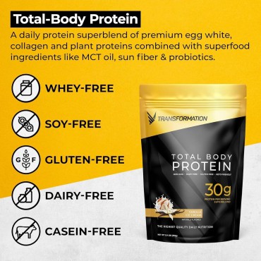 Transformation Protein Super Blend | Egg White, Collagen Peptides, and Plant Protein | 15 Billion CFU Probiotics | Digestive Enzymes | MCT Oil | BCAAs | Low Carb Shake for Men & Women | Vanilla