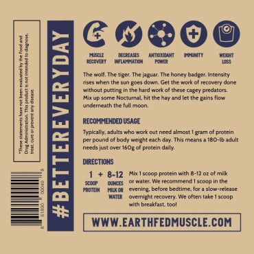 Earth Fed Muscle Nocturnal Casein/Whey Protein Blend. Helps Keep You Full, Overnight Muscle Recovery, Rich Dark Chocolate Flavor - 18g Protein, 23 Servings - Sugar Free, Keto, Soy Free, Gluten Free.