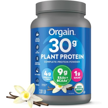 Orgain Organic 30g Vegan Protein Powder, Vanilla, 9g EAAs + BCAAs, Plant Protein, 4g Prebiotic + Fiber, 1g Sugar, Pre-Workout, Muscle Support + Recovery - 2.01lb (Packaging May Vary)