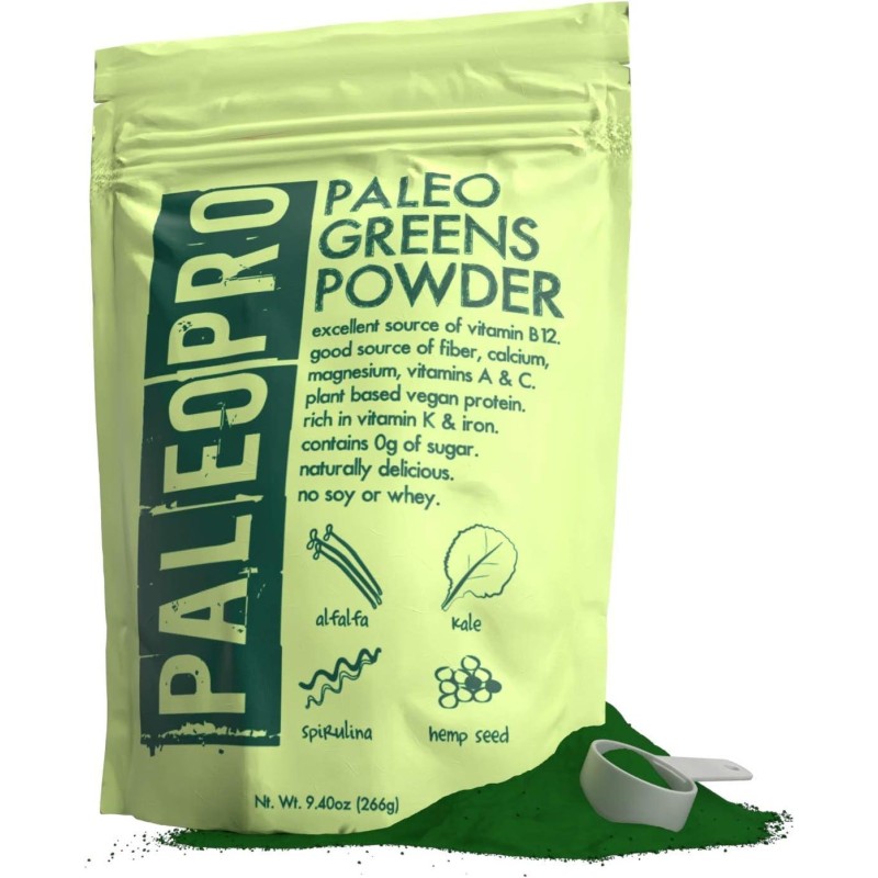 PaleoPro Paleo Greens Powder, Plant-Based Vegan Protein Powder, Vitamin B12, Keto Ingredients, Gluten-Free, Good Source of Fiber, Calcium, Magnesium, Vitamins A & C, Vitamin K & Iron, No Sugar, 9.4oz