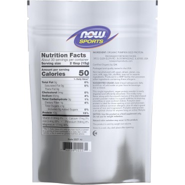 NOW Foods Sports Nutrition, Organic Pumpkin Seed Protein Powder With 10g of Protein, Certified Non-GMO, Unflavored, 1-Pound