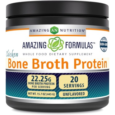 Amazing Formulas Chicken Bone Broth Protein 22.25 G Supplement | Unflavored | Non-GMO | Gluten Free | Made in USA (15.7 Oz, Unflavored)