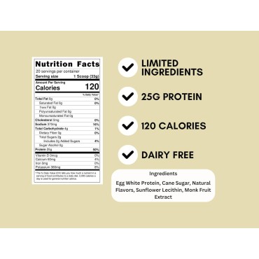 Anea Egg White Protein Powder | Vanilla Flavored | 25g Protein | Dairy Free | Gluten Free | Fat Free | Amino Acids | High Biological Value | 1.5 Pound (Pack of 1), Vanilla