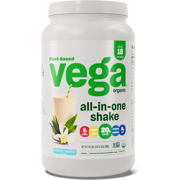 Vega Organic All-in-One Vegan Protein Powder, French Vanilla -Superfood Ingredients, Vitamins for Immunity Support, Keto Friendly, Pea Protein for Women & Men, 1.5 lbs (Packaging May Vary)