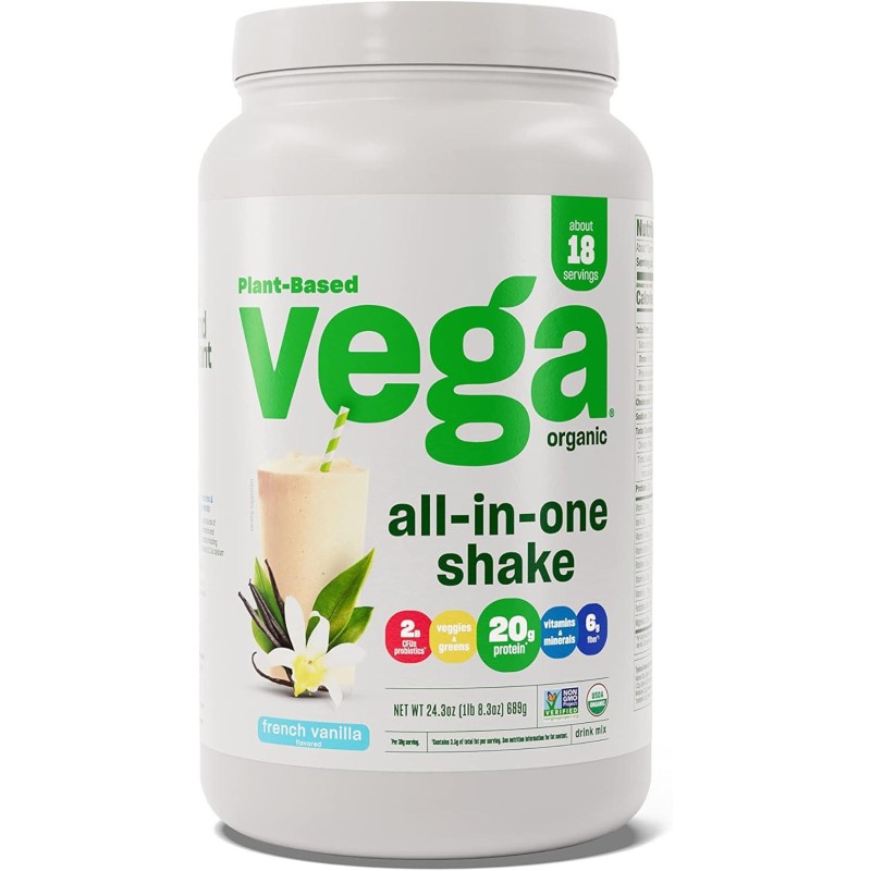 Vega Organic All-in-One Vegan Protein Powder, French Vanilla -Superfood Ingredients, Vitamins for Immunity Support, Keto Friendly, Pea Protein for Women & Men, 1.5 lbs (Packaging May Vary)