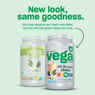 Vega Organic All-in-One Vegan Protein Powder, French Vanilla -Superfood Ingredients, Vitamins for Immunity Support, Keto Friendly, Pea Protein for Women & Men, 1.5 lbs (Packaging May Vary)