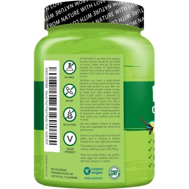 NATURELO Plant Protein Powder, Vanilla, 22g Protein - Non-GMO, Vegan, No Gluten, Dairy, or Soy - No Artificial Flavors, Synthetic Coloring, Preservatives, or Additives - 20 Servings