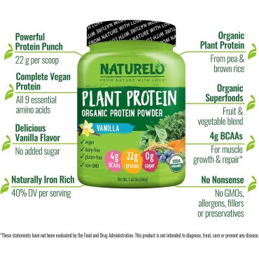 NATURELO Plant Protein Powder, Vanilla, 22g Protein - Non-GMO, Vegan, No Gluten, Dairy, or Soy - No Artificial Flavors, Synthetic Coloring, Preservatives, or Additives - 20 Servings