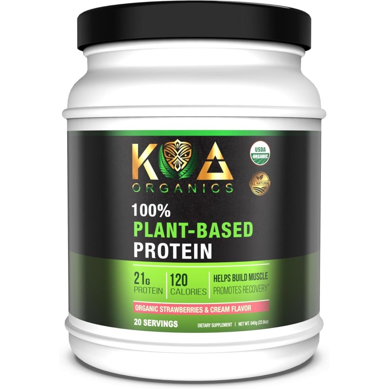 Vegan Protein Powder, Gourmet Strawberries & Cream Flavor- 21g of The Best Tasting Plant-Based Protein with only 120 Calories - USDA Organic, Non-GMO, Gluten Free, Sugar Free - 640g