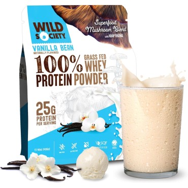 WILD SOCIETY - Premium 100% Grass Fed Whey Protein Powder + Superfood Mushrooms & Adaptogens - 25g Protein, Clean Protein Powder, 0 Added Sugar, Non GMO, Gluten Free - Vanilla Bean, 17.5 oz