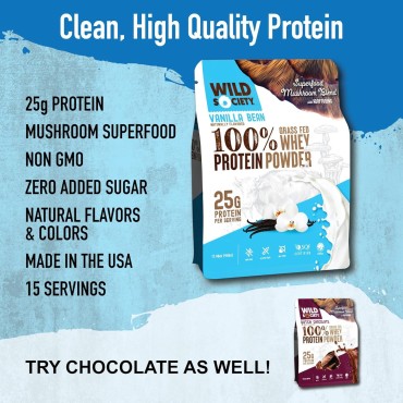 WILD SOCIETY - Premium 100% Grass Fed Whey Protein Powder + Superfood Mushrooms & Adaptogens - 25g Protein, Clean Protein Powder, 0 Added Sugar, Non GMO, Gluten Free - Vanilla Bean, 17.5 oz