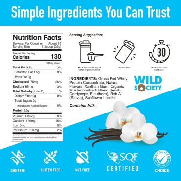 WILD SOCIETY - Premium 100% Grass Fed Whey Protein Powder + Superfood Mushrooms & Adaptogens - 25g Protein, Clean Protein Powder, 0 Added Sugar, Non GMO, Gluten Free - Vanilla Bean, 17.5 oz