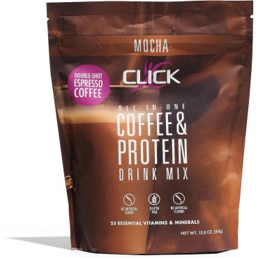 Click Coffee Protein, Protein & Real Coffee All-in-One, Meal Replacement Nutrition Drink, Mocha Flavor, 23 Essential Vitamins, Double Shot Espresso Coffee, Hot or Cold, 15.8-Ounce