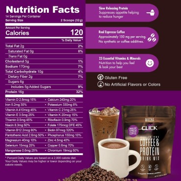 Click Coffee Protein, Protein & Real Coffee All-in-One, Meal Replacement Nutrition Drink, Mocha Flavor, 23 Essential Vitamins, Double Shot Espresso Coffee, Hot or Cold, 15.8-Ounce