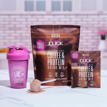 Click Coffee Protein, Protein & Real Coffee All-in-One, Meal Replacement Nutrition Drink, Mocha Flavor, 23 Essential Vitamins, Double Shot Espresso Coffee, Hot or Cold, 15.8-Ounce