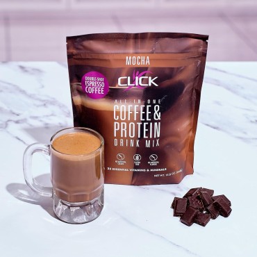 Click Coffee Protein, Protein & Real Coffee All-in-One, Meal Replacement Nutrition Drink, Mocha Flavor, 23 Essential Vitamins, Double Shot Espresso Coffee, Hot or Cold, 15.8-Ounce