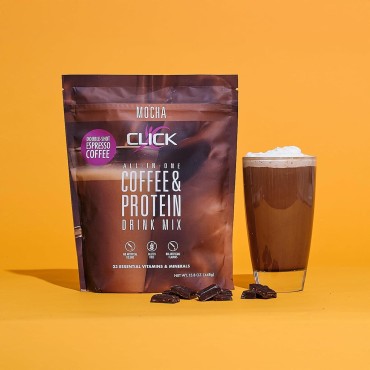 Click Coffee Protein, Protein & Real Coffee All-in-One, Meal Replacement Nutrition Drink, Mocha Flavor, 23 Essential Vitamins, Double Shot Espresso Coffee, Hot or Cold, 15.8-Ounce