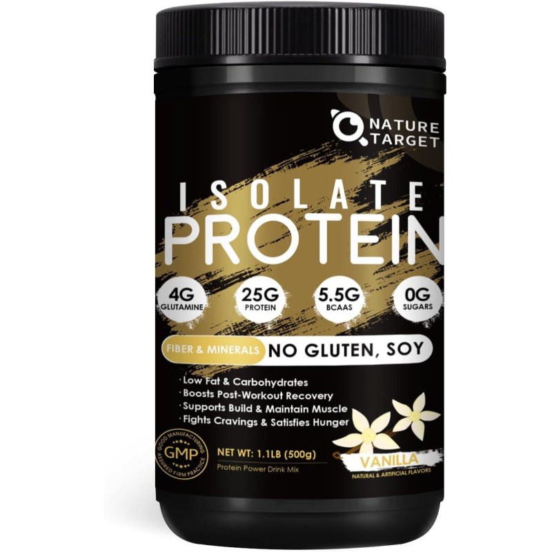 NATURE TARGET Isolate Whey Protein Powder Vanilla, 25g Protein Low Carb Sugar-Free & Gluten-Free, 5.5g BCAAs, Rich in Fibers & Minerals, 1.1 Pound, 16 Servings