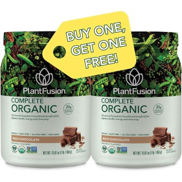 PlantFusion Complete Organic Plant Based Pea Protein Powder | Fermented Superfoods | Vegan, Gluten Free, Non Dairy, Soy Free, Chocolate, 1 LB