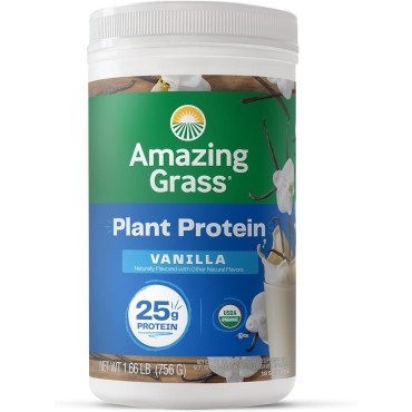 Amazing Grass Vegan Protein Powder, Plant Based Organic Blend with 25g of Protein, Dairy, Gluten & Soy Free - Creamy Vanilla (18 Servings)