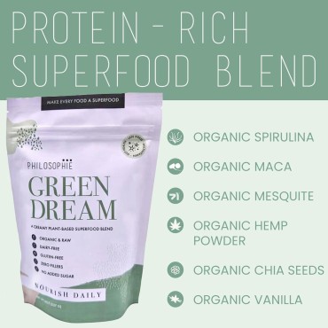 Philosophie Vegan Protein Powder - Green Superfood Powder with Hemp Protein, Spirulina & Maca Root Powder - Plant-Based, Organic Superfood Blend - Protein Powder for Meal Replacement Shake, 8oz