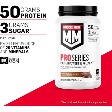 Muscle Milk Pro Series Protein Powder Supplement,Knockout Chocolate,2 Pound,11 Servings,50g Protein,3g Sugar,20 Vitamins & Minerals,NSF Certified for Sport,Workout Recovery,Packaging May Vary