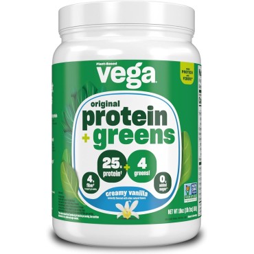 Vega Protein and Greens Protein Powder Creamy Vanilla (11 Servings) 25g Plant Based Protein Plus Veggies, Vegan, Non-GMO, Pea Protein for Women and Men, 1.2lbs