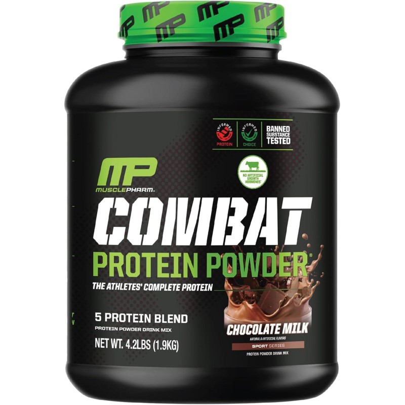 MusclePharm Combat Protein Powder, Chocolate Milk Flavor, Fuels Muscles for Productive Workouts, 5 Protein Sources including Whey Protein Isolate & Egg Albumin, Gluten Free, 4 lb, 52 Servings