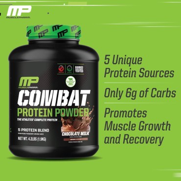 MusclePharm Combat Protein Powder, Chocolate Milk Flavor, Fuels Muscles for Productive Workouts, 5 Protein Sources including Whey Protein Isolate & Egg Albumin, Gluten Free, 4 lb, 52 Servings