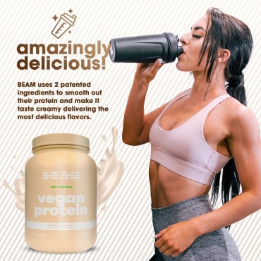 BEAM Be Amazing Vegan Protein Powder | 20g Plant-Based Protein with Prebiotics Fibers | Sugar-and-Gluten-Free Shake Mix, Low Carb Non-Dairy Smoothie | Natural Vanilla, 25 Servings