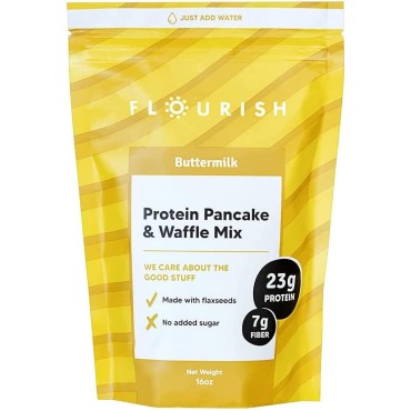 Flourish - Protein Pancake & Waffle Mix, Whey Protein Isolate & Flax Seed, Non-GMO, No Added Sugar, Superfood, High Protein & Fiber, Just Add Water - Buttermilk, 16oz