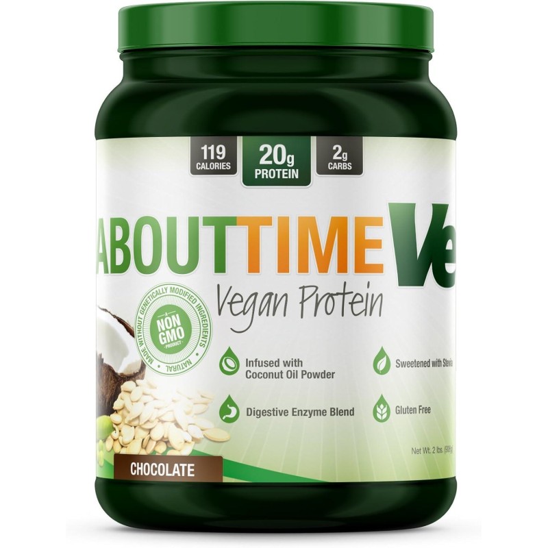 About Time Natural Vegan Protein Chocolate 2lb - 24g Protein, Non-GMO, Plant Based, Gluten Free, Soy Free, Dairy Free, 32 Servings