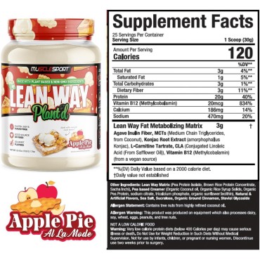 Musclesport Lean Way Plant Protein - Pea Protein and Brown Rice Protein Blend, with Added CLA, MCT and L-Carnitine - 20 Servings (Apple Pie)