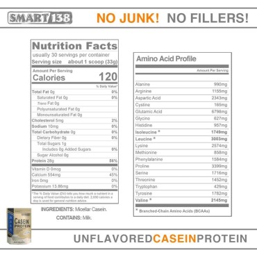 100% Pure Micellar Casein Protein, No Junk No Fillers - Cold Processed, Gluten-Free, RBST/rBSH-Free, Non-GMO, USA, Keto, Zero Carb, Natural BCAAs (1000g / 2.2lbs, Unflavored)