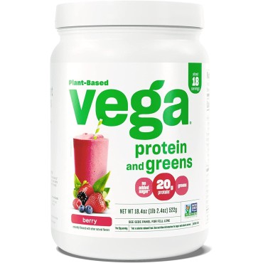 Vega Protein and Greens Protein Powder, Berry - 20g Plant Based Protein Plus Veggies, Vegan, Non GMO, Pea Protein for Women and Men, 1.2 lbs (Packaging May Vary)