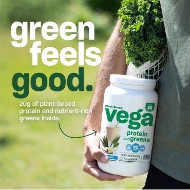 Vega Protein and Greens Protein Powder, Vanilla - 20g Plant Based Protein Plus Veggies, Vegan, Non GMO, Pea Protein for Women and Men, 1.9lbs