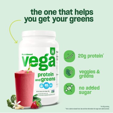 Vega Protein and Greens Protein Powder, Vanilla - 20g Plant Based Protein Plus Veggies, Vegan, Non GMO, Pea Protein for Women and Men, 1.9lbs