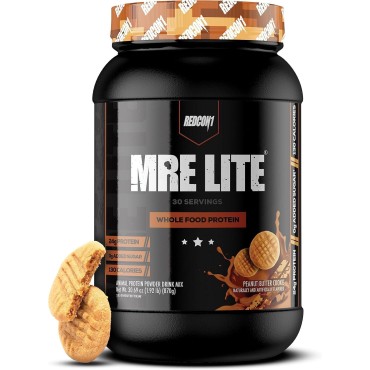 REDCON1 MRE Lite Whole Food Protein Powder, Peanut Butter Cookie - Low Carb & Whey Free Meal Replacement with Animal Protein Blends - Easy to Digest Supplement Made with MCT Oils (30 Servings)