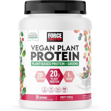 FORCE FACTOR Vegan Plant Protein, Plant-Based Protein + Greens, Greens Powder with 20g Plant Based Protein, Digestive Enzymes, and Fiber, Fruity Cereal Flavor, 20 Servings (Packaging May Vary)