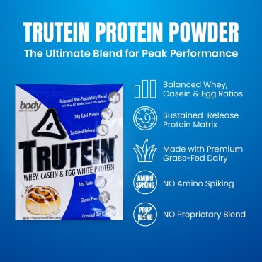 Body Nutrition Trutein High Protein Powder: 45% Whey, 45% Casein, 10% Egg White Protein Shake Mix, Gluten-Free, Low Sodium, Low Carb Protein Supplement Powder for Men & Women, Cinnabun, 34g Sample