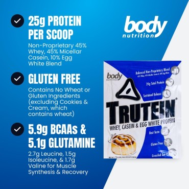 Body Nutrition Trutein High Protein Powder: 45% Whey, 45% Casein, 10% Egg White Protein Shake Mix, Gluten-Free, Low Sodium, Low Carb Protein Supplement Powder for Men & Women, Cinnabun, 34g Sample