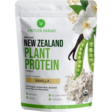 Antler Farms - 100% Pure New Zealand Plant Protein, Vanilla Flavor, 1.79 lbs – Pure and Clean, USDA Certified Organic, Complete Vegan Protein, Delicious