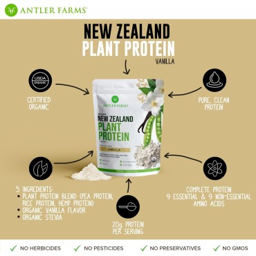 Antler Farms - 100% Pure New Zealand Plant Protein, Vanilla Flavor, 1.79 lbs – Pure and Clean, USDA Certified Organic, Complete Vegan Protein, Delicious