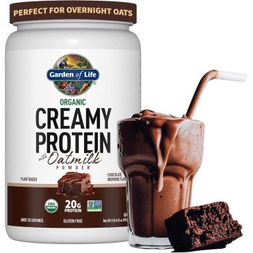 Garden of Life Creamy Organic Vegan Protein Powder + OatMilk, 20g Complete Plant Based Protein, Coconut Water, MCTs, Sprouted Grains, Prebiotics, Probiotics – Gluten-Free, Chocolate Brownie, 2 LBS