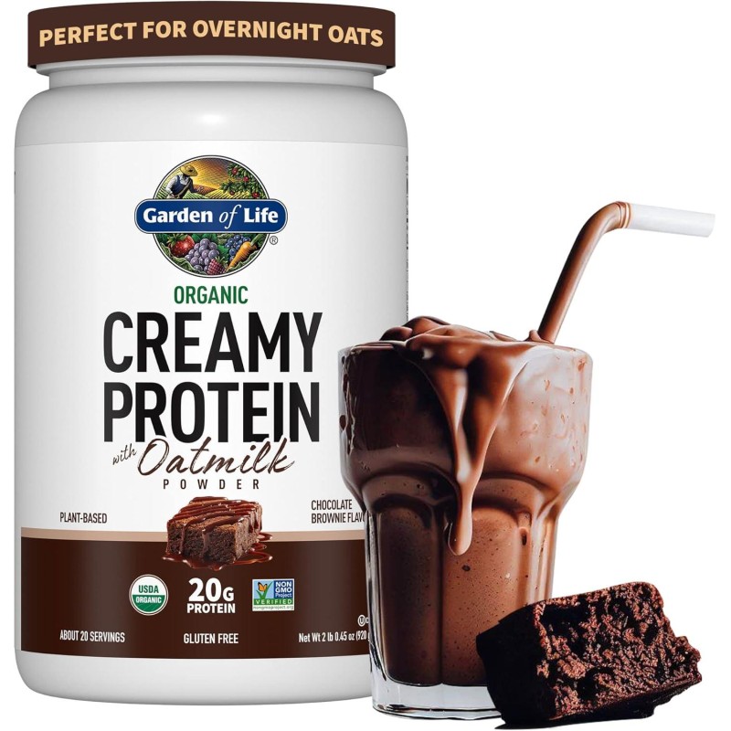 Garden of Life Creamy Organic Vegan Protein Powder + OatMilk, 20g Complete Plant Based Protein, Coconut Water, MCTs, Sprouted Grains, Prebiotics, Probiotics – Gluten-Free, Chocolate Brownie, 2 LBS